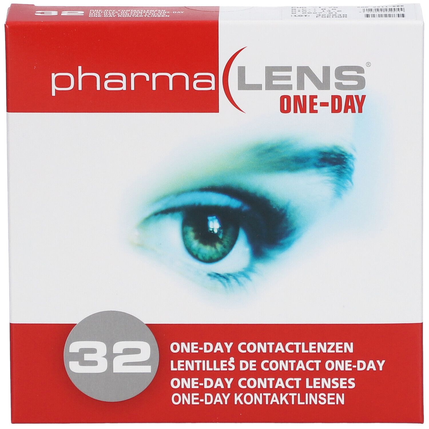Verpackung mit Kontaktlinsen. Aufdruck: Pharma Lens One-Day, 32 Stück. Abbildung eines Auges. Mehrsprachiger Text.