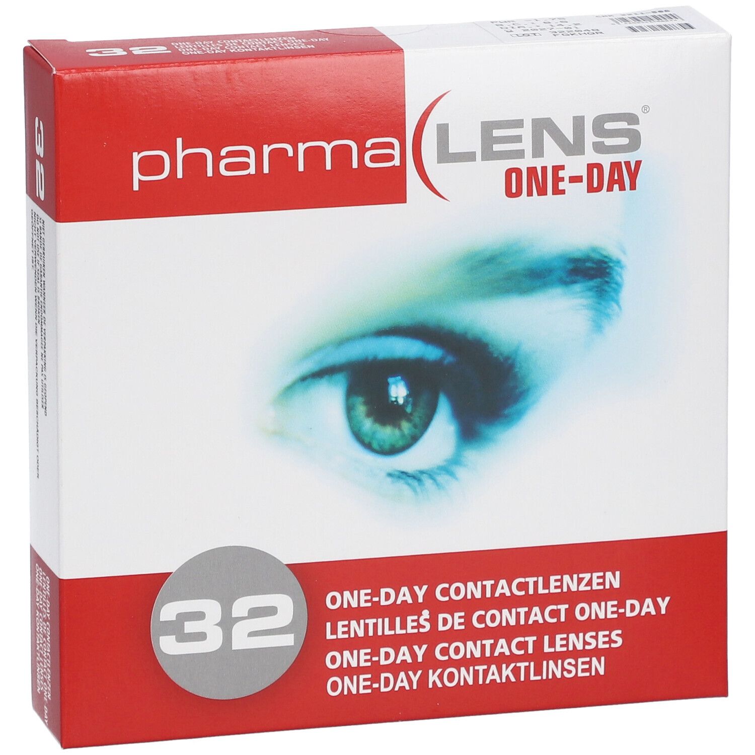 Verpackung mit Kontaktlinsen. Aufdruck: Pharma Lens One-Day, 32 Stück. Abbildung eines Auges. Mehrsprachiger Text.
