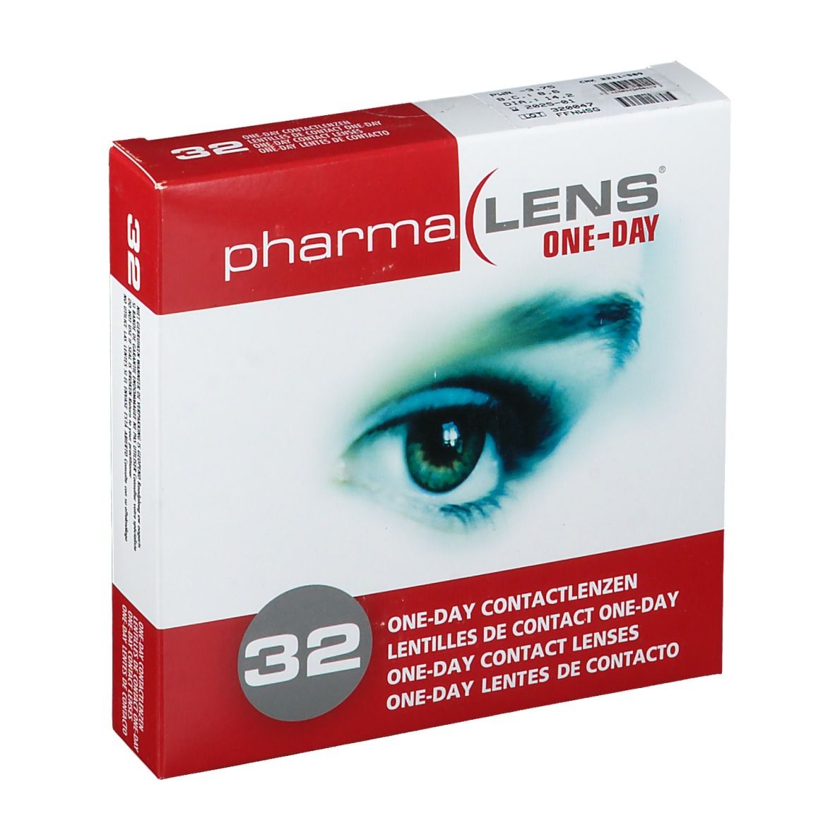 Verpackung mit Kontaktlinsen. Aufdruck: Pharma Lens One-Day, 32 Stück. Abbildung eines Auges.