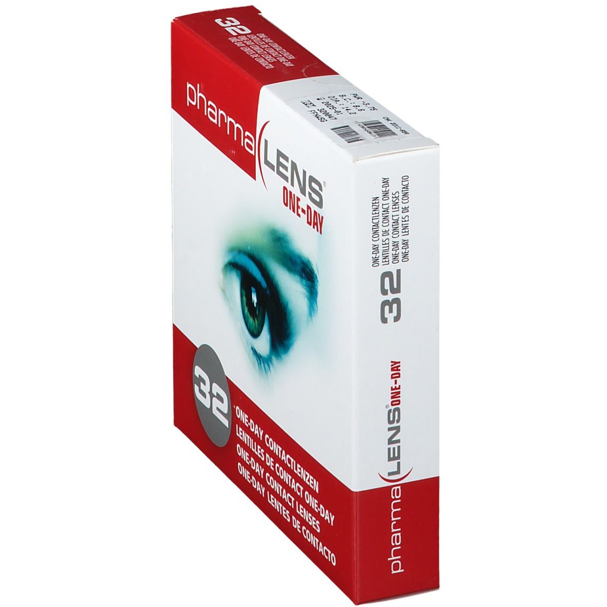 Schräg stehende Verpackung mit Kontaktlinsen. Aufdruck: Pharma Lens One-Day, 32 Stück. Abbildung eines Auges.