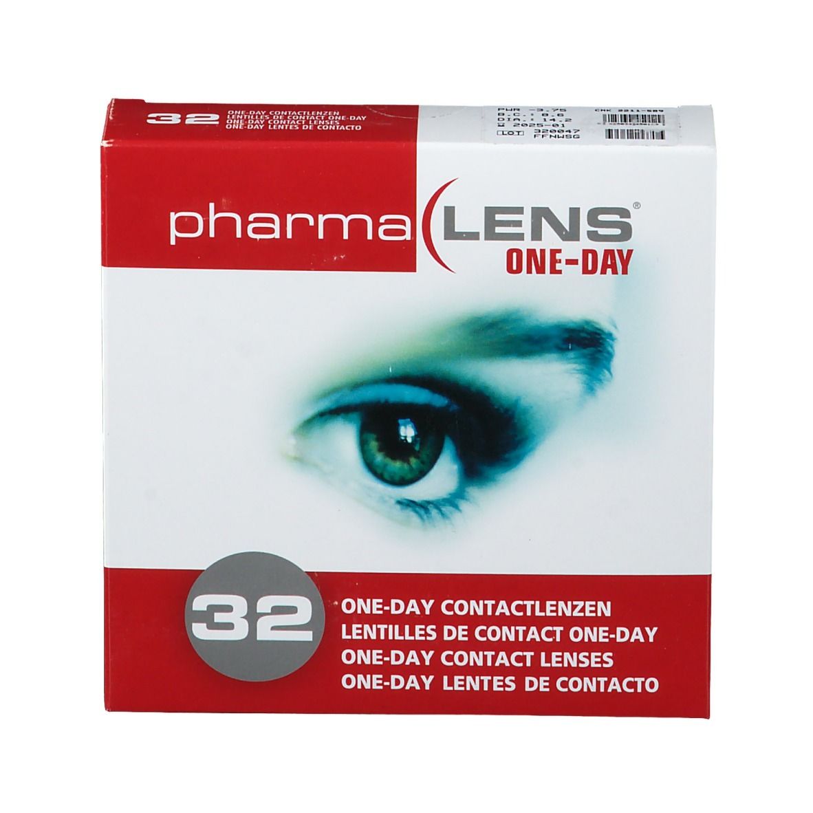 Verpackung mit Kontaktlinsen. Aufdruck: Pharma Lens One-Day, 32 Stück. Abbildung eines Auges. Text in mehreren Sprachen.
