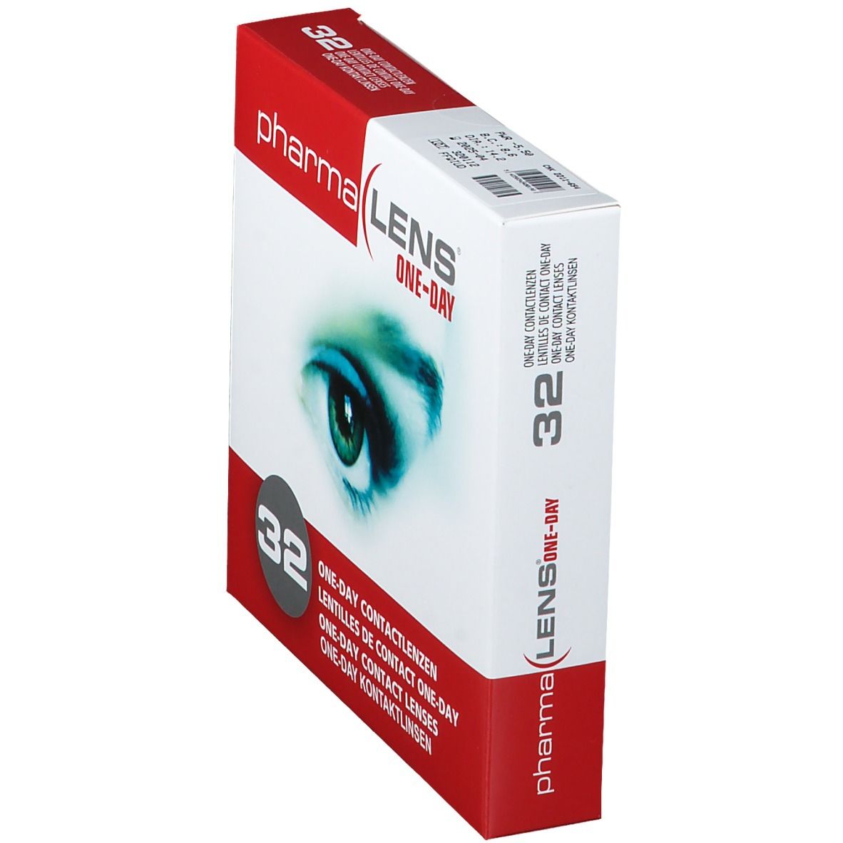 Schrägansicht der PharmaLens One-Day Kontaktlinsen-Verpackung. Rote und weiße Schachtel mit Augenabbildung und der Aufschrift "32".
