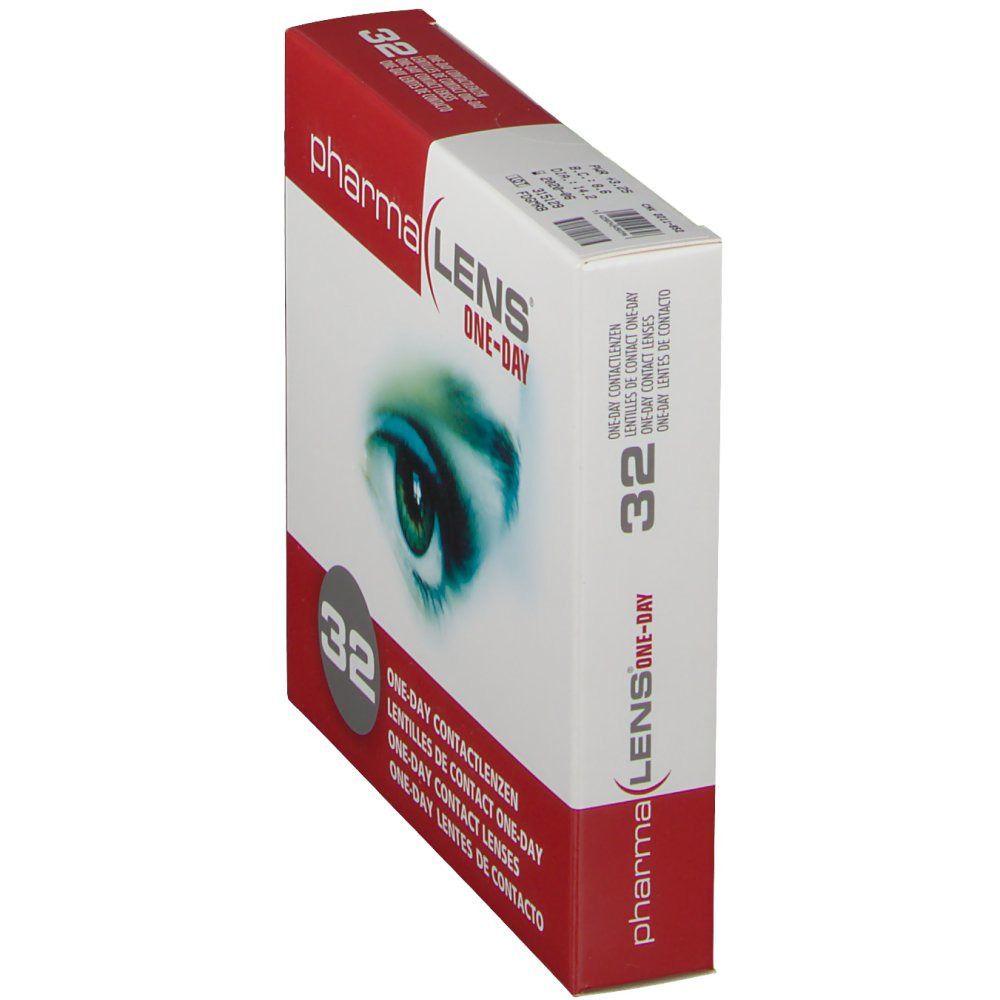 Schrägansicht der pharmaLENS® One-day Kontaktlinsen-Verpackung. Rote und weiße Schachtel mit Augenabbildung.