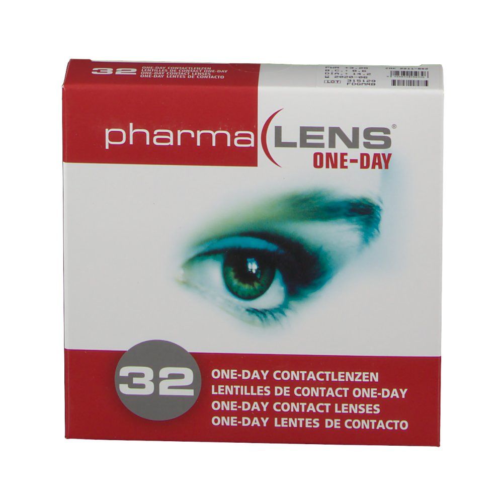 Verpackung pharmaLENS® One-day Kontaktlinsen. 32 Stück. Rote und weiße Schachtel mit Augenabbildung und Text.