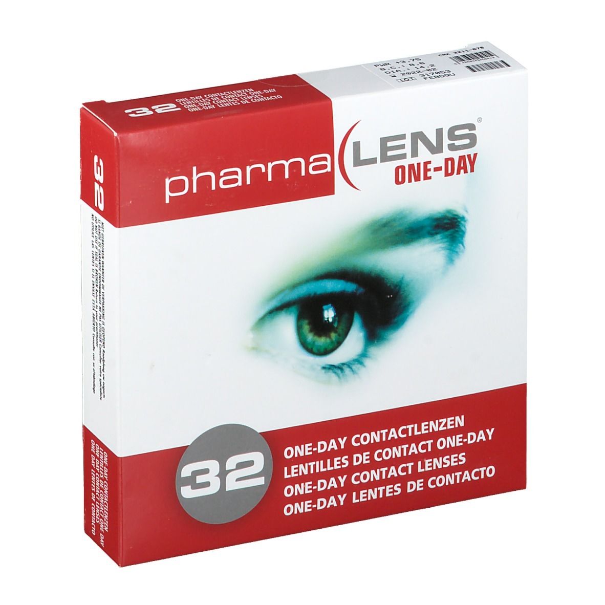 Verpackung mit Kontaktlinsen. Marke: pharma LENS ONE-DAY. 32 Stück. Rote und weiße Schachtel mit Augenmotiv.