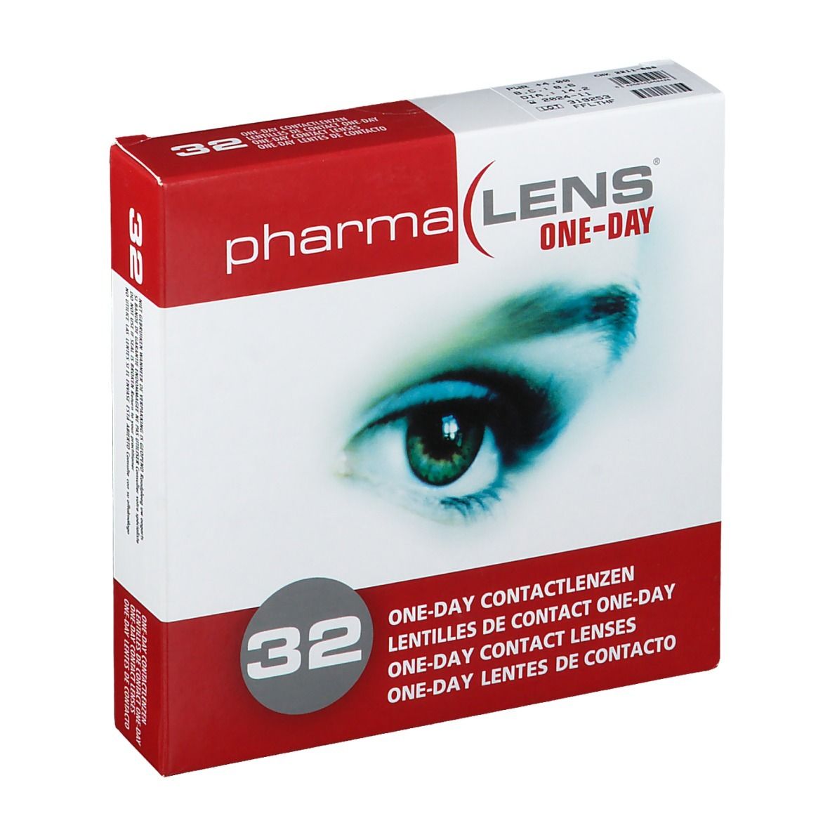 Verpackung von PharmaLens Tageslinsen. Rote und weiße Schachtel mit Augenmotiv und Text: "ONE-DAY CONTACTLENZEN". Enthält 32 Linsen.