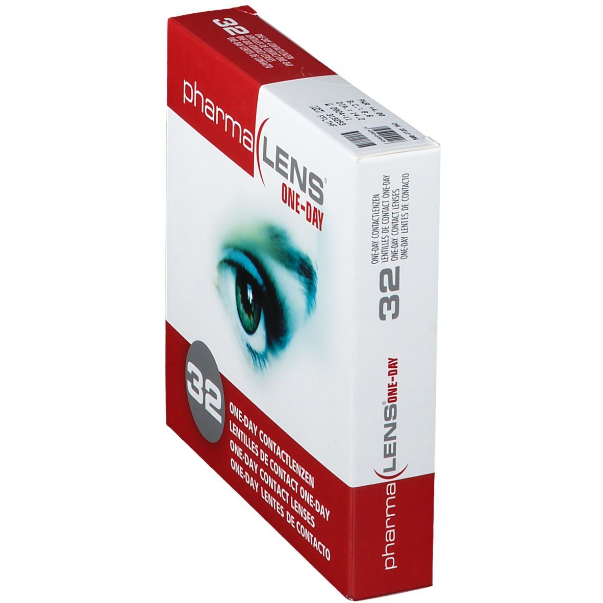 PharmaLens Tageslinsen-Verpackung, perspektivische Ansicht. Rote und weiße Schachtel mit Augenmotiv und Text: "ONE-DAY CONTACTLENZEN". Enthält 32 Linsen.