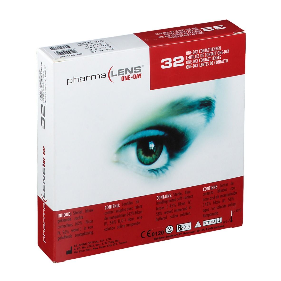 PharmaLens Tageslinsen-Verpackung. Rote und weiße Schachtel mit Augenmotiv, Text und Inhaltsangaben. Enthält 32 Linsen. CE-Kennzeichnung.
