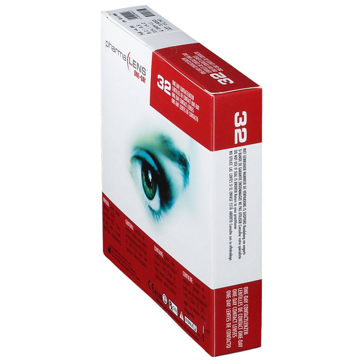 PharmaLens Tageslinsen-Verpackung, perspektivische Ansicht. Rote und weiße Schachtel mit Augenmotiv und Text. Enthält 32 Linsen. Text auf der Seite.