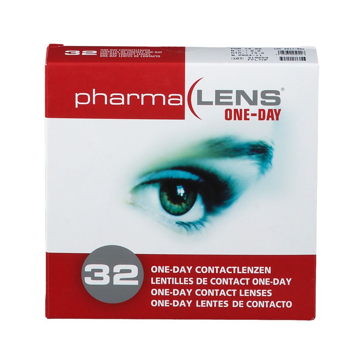 PharmaLens Tageslinsen-Verpackung. Rote und weiße Schachtel mit Augenmotiv und Text: "ONE-DAY CONTACTLENZEN". Enthält 32 Linsen.