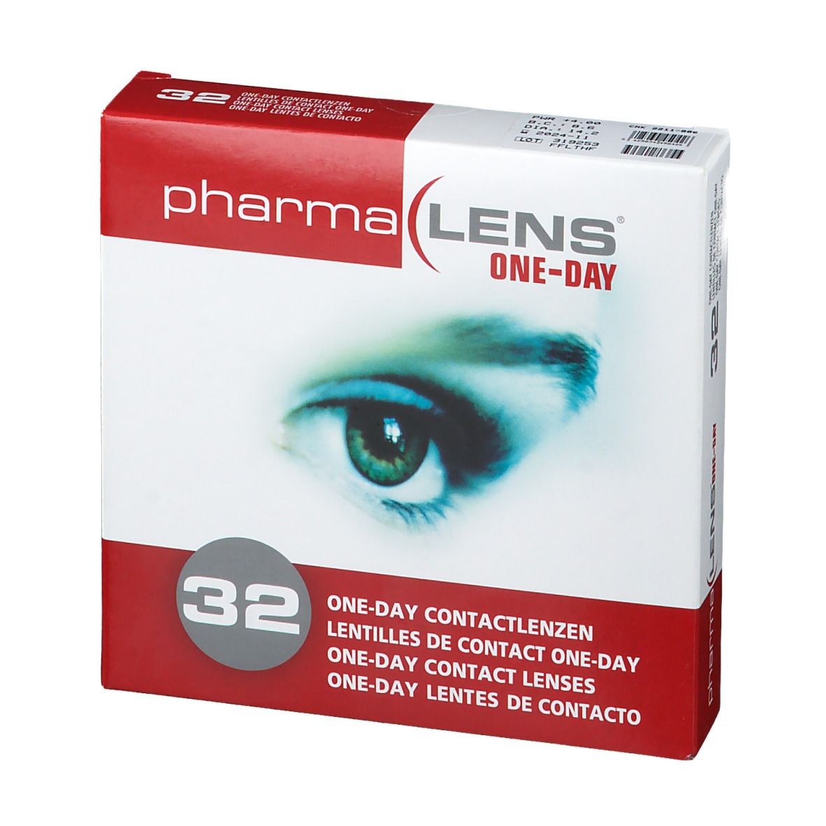 PharmaLens Tageslinsen-Verpackung. Rote und weiße Schachtel mit Augenmotiv und Text: "ONE-DAY CONTACTLENZEN". Enthält 32 Linsen.