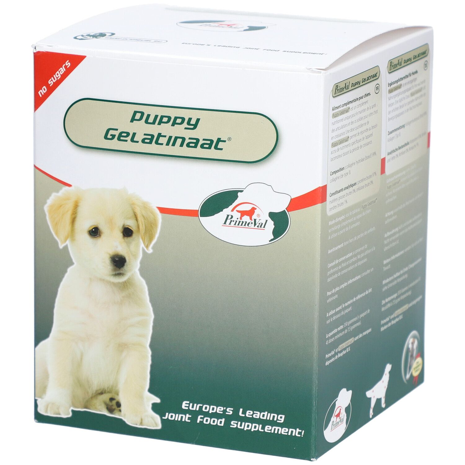 PrimeVal Puppy Gelatinaat Karton mit Hundewelpen-Bild und Produktinformationen.