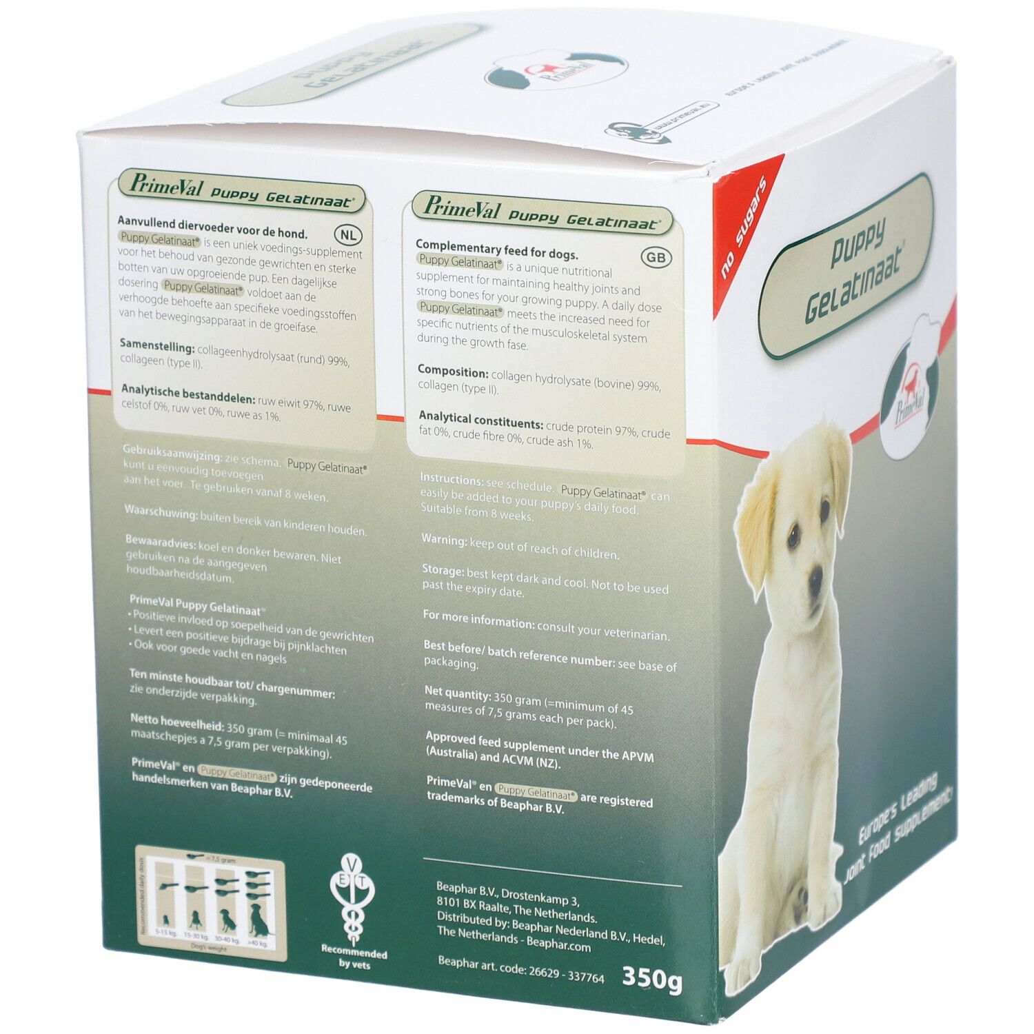 PrimeVal Puppy Gelatinaat Rückseite der Verpackung mit detaillierten Produktinformationen und Anwendungshinweisen.