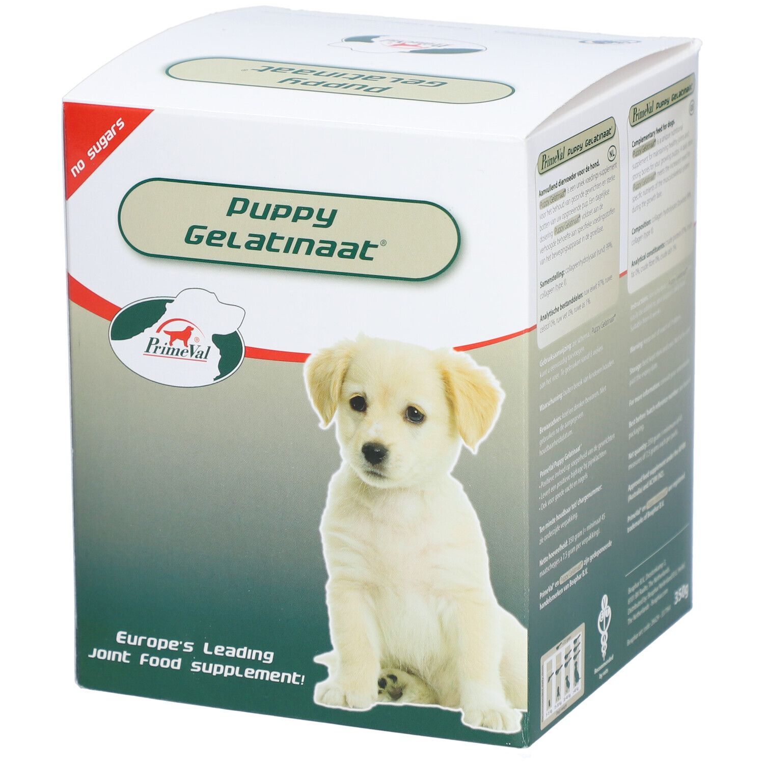 PrimeVal Puppy Gelatinaat Karton mit Hundewelpen-Bild und Produktinformationen.