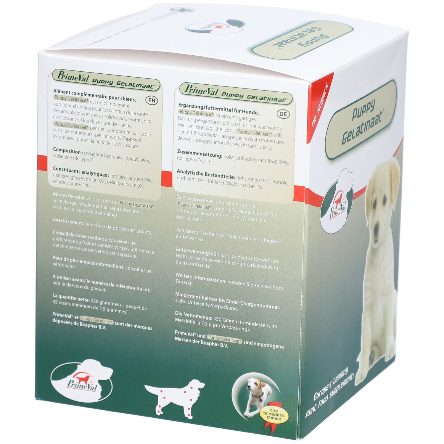 PrimeVal Puppy Gelatinaat Verpackung mit mehrsprachigen Produktinformationen und Hundewelpen-Bild.