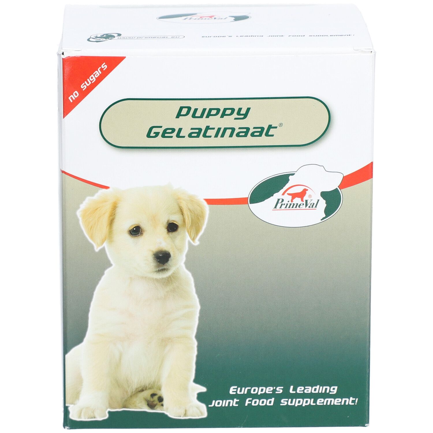 PrimeVal Puppy Gelatinaat Karton mit Hundewelpen-Bild und Produktinformationen.