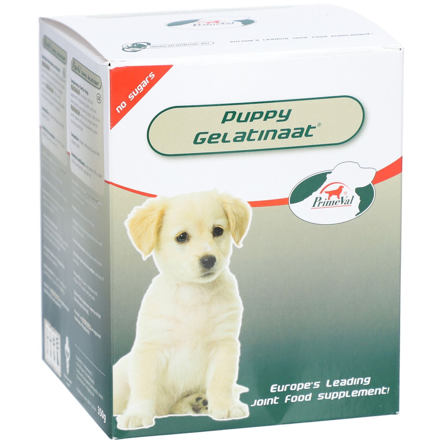 PrimeVal Puppy Gelatinaat Karton mit Hundewelpen-Bild und Produktinformationen.