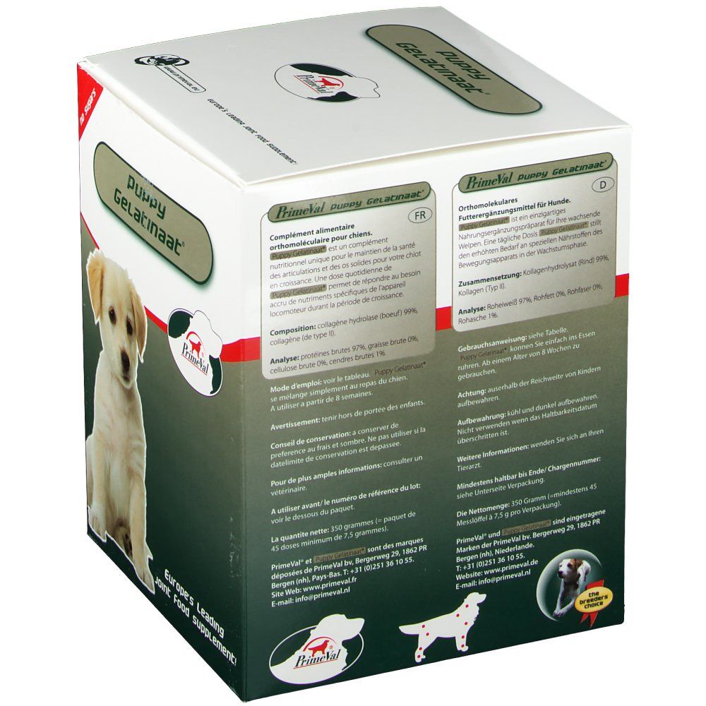 Emballage du produit avec le nom du produit Puppy Gelatinaat. Un chiot est représenté. Texte en allemand et en français. Impression : no sugars.