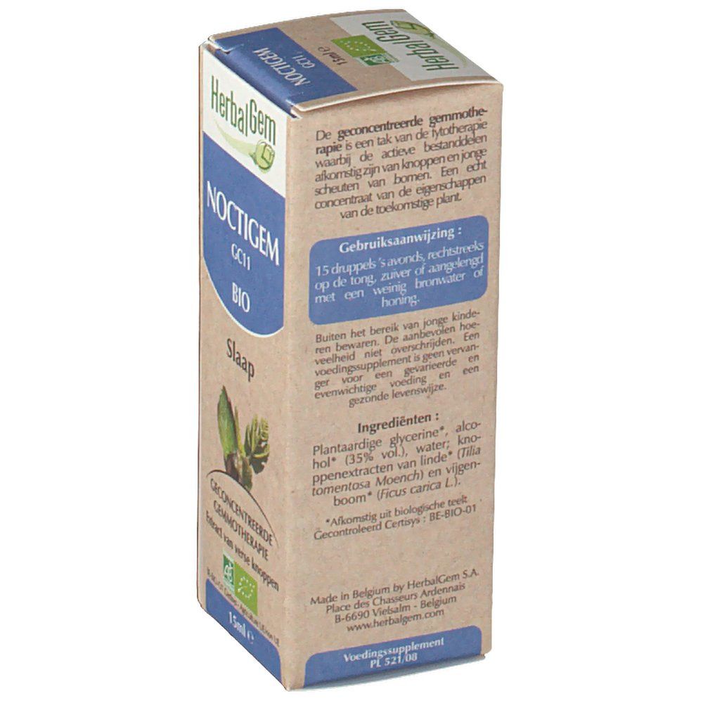 Dos de la boîte NOCTIGEM. Texte sur l'utilisation, les ingrédients (glycérine, eau, alcool, extraits de bourgeons) et la certification BIO.