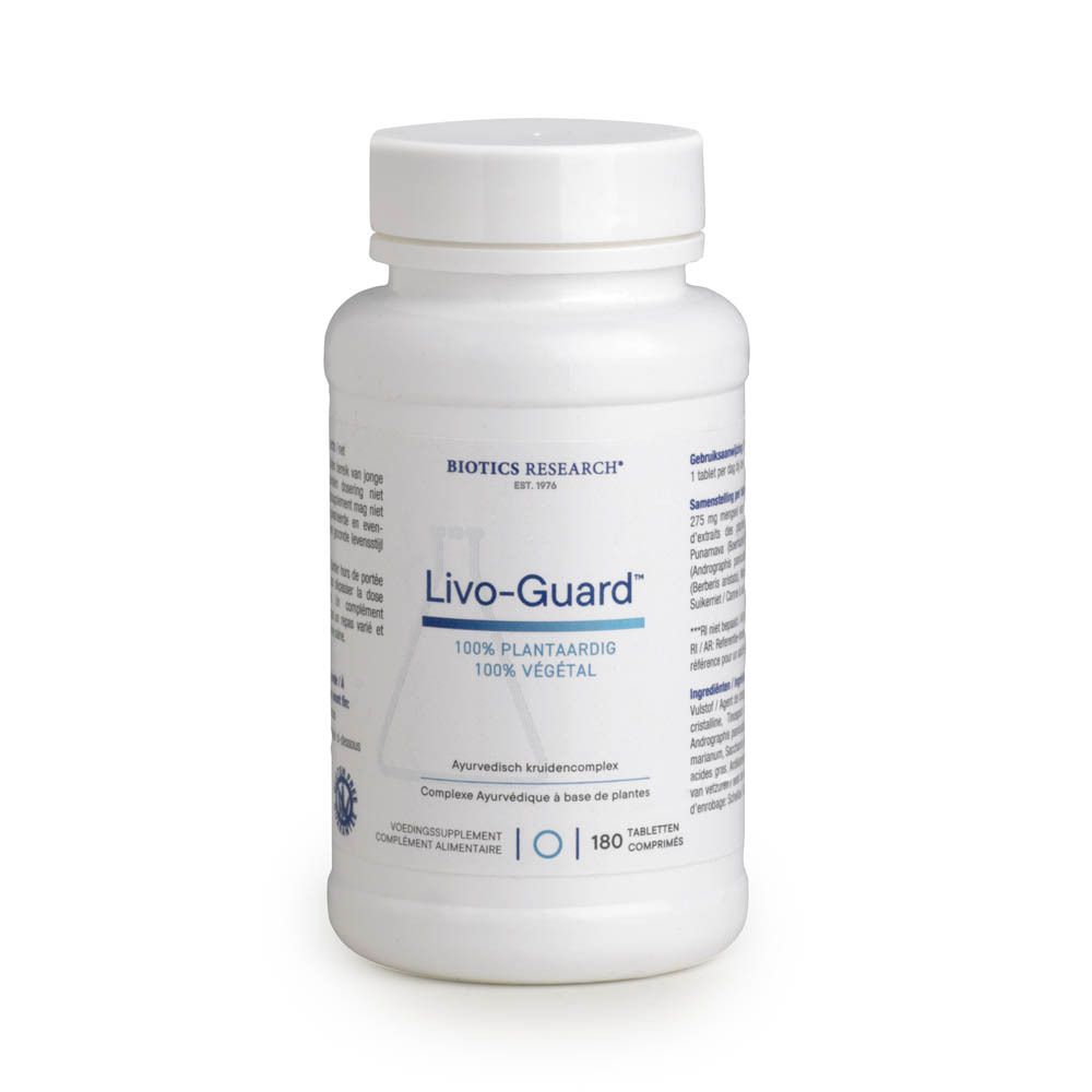 Flacon blanc Livo-Guard. Logo BIOTICS RESEARCH®. 180 comprimés. 100% végétal.
