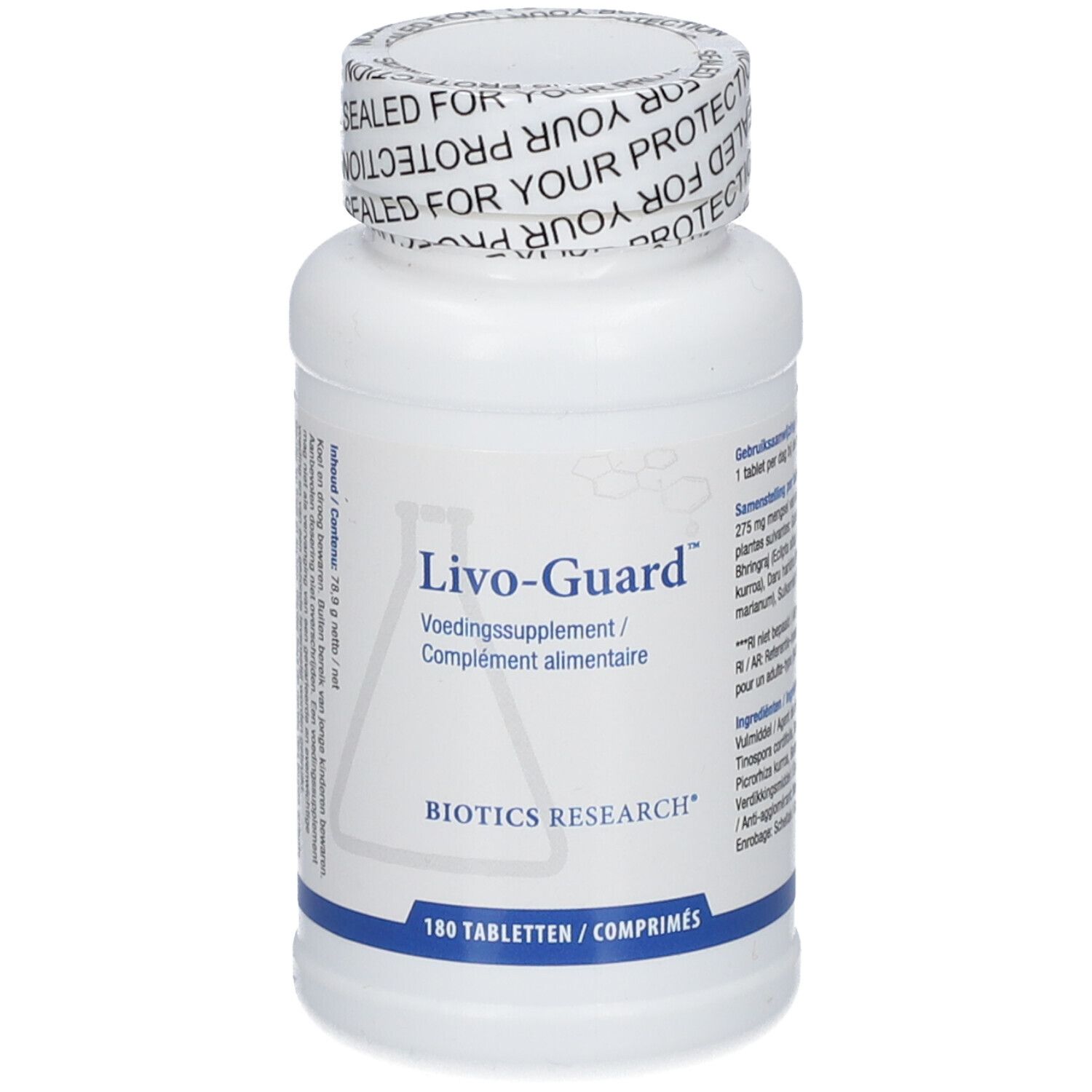 Weiße Flasche mit Livo-Guard-Etikett. BIOTICS RESEARCH® Logo. 180 Tabletten. Verschluss mit Aufdruck.