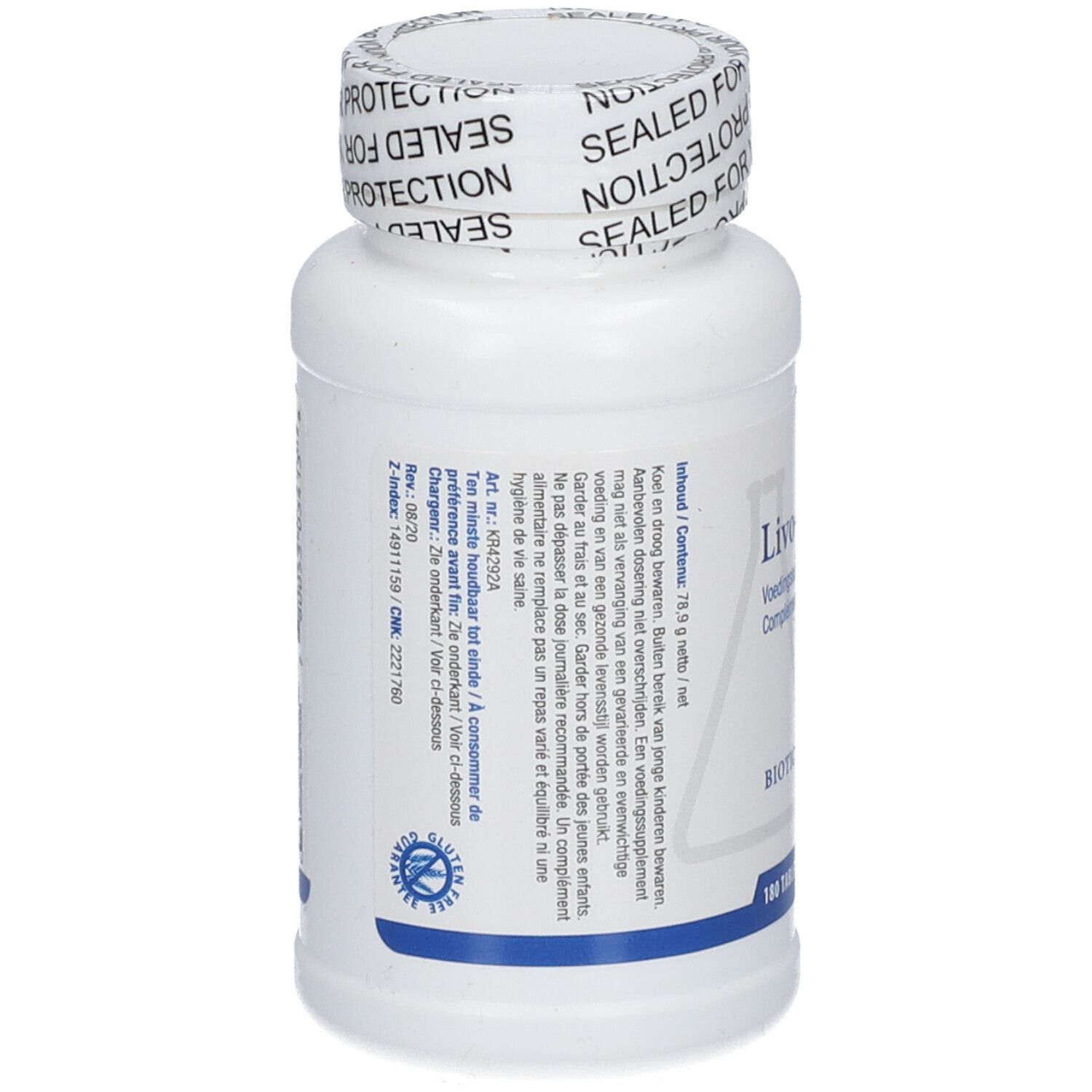 Weiße Flasche mit Etikett. Text und Logo von BIOTICS RESEARCH®. 180 Tabletten. Detailansicht.