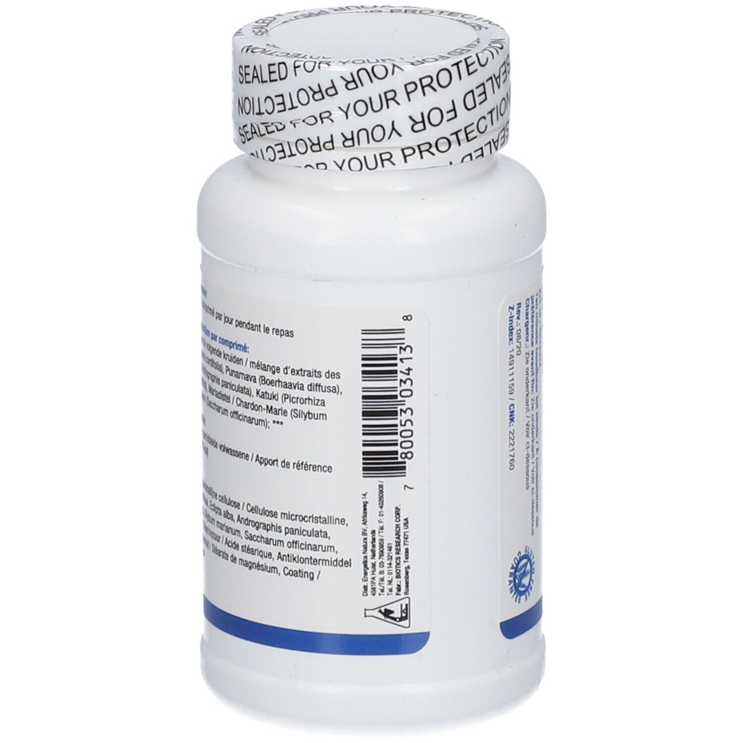 Rückseite einer weißen Flasche. Text und Logo von BIOTICS RESEARCH®. 180 Tabletten. Detailansicht.