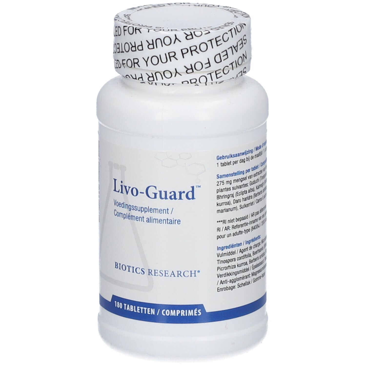 Weiße Flasche mit Livo-Guard-Etikett. BIOTICS RESEARCH® Logo. 180 Tabletten. Detailansicht.
