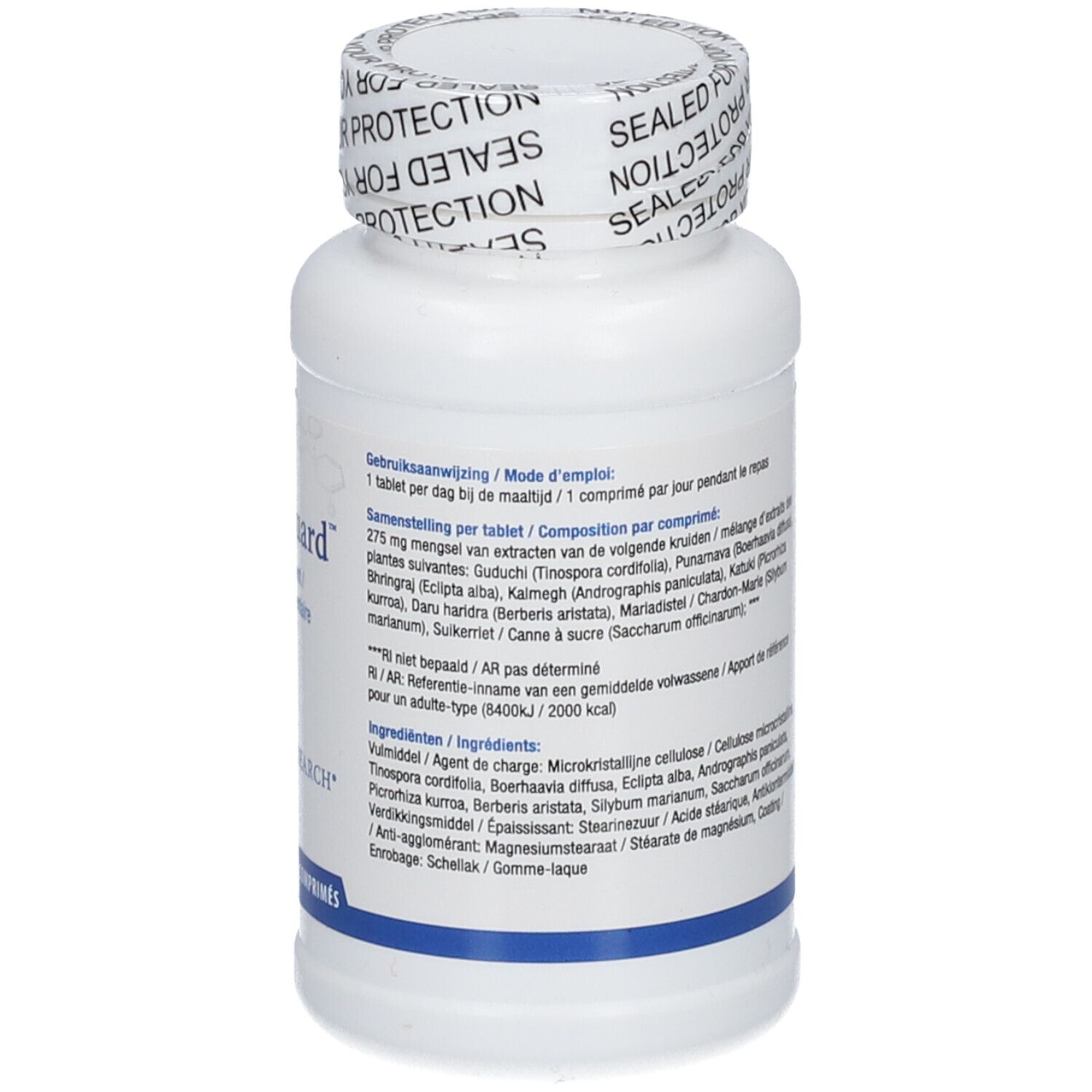 Weiße Flasche mit Livo-Guard-Etikett. BIOTICS RESEARCH® Logo. 180 Tabletten. Detailansicht.