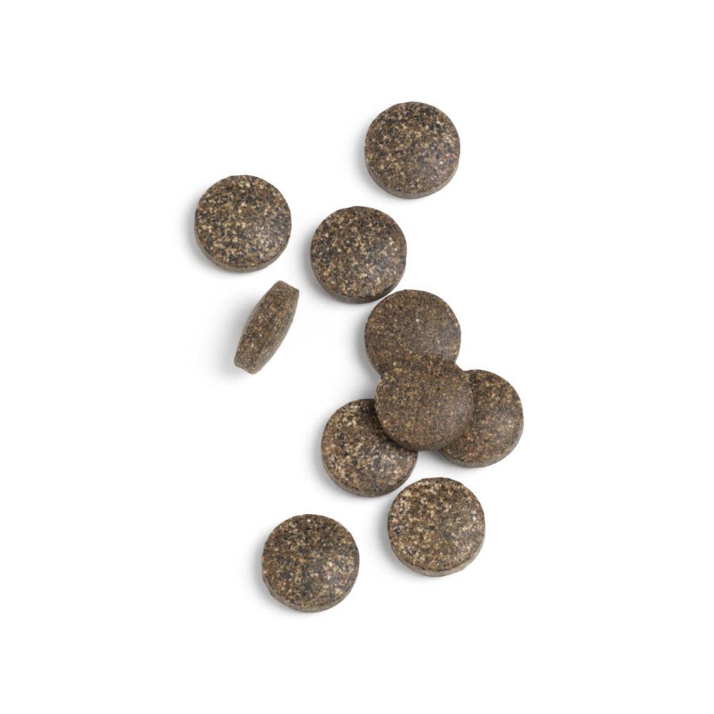 Comprimés ronds bruns. Sur fond blanc. Plusieurs comprimés.