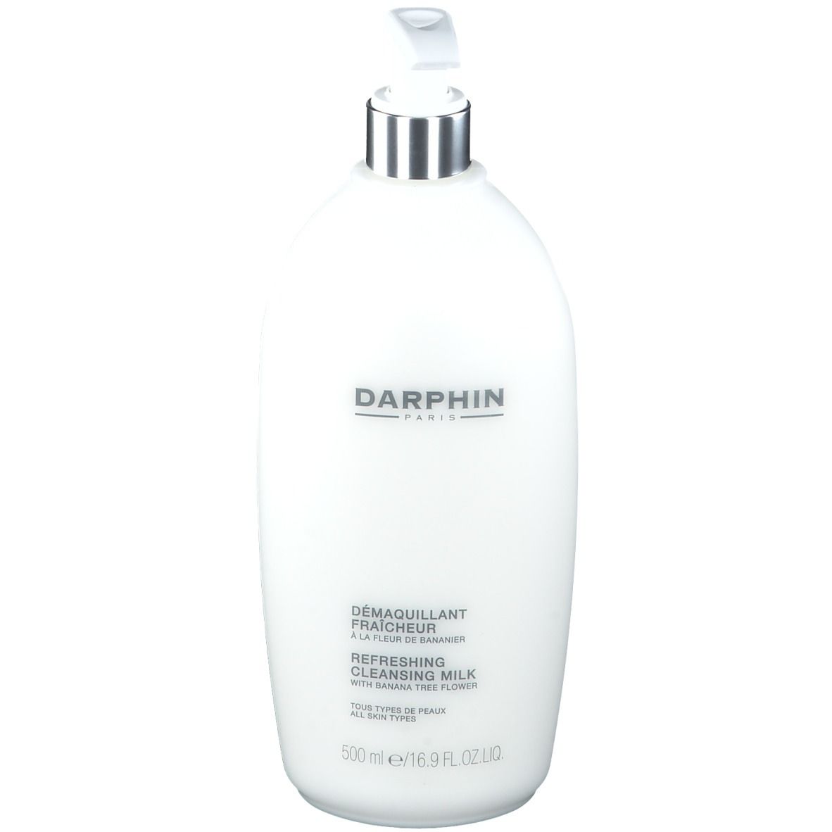 Weiße Flasche mit silbernem Pumpkopf. Aufschrift: DARPHIN, DÉMAQUILLANT FRAÎCHEUR, REFRESHING CLEANSING MILK. Volumen: 500 ml.