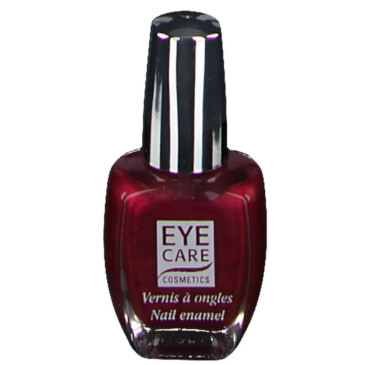 Flacon de vernis à ongles rouge rubis. Bouchon noir et argenté. Inscription: EYE CARE COSMETICS, Vernis à ongles, Nail enamel.