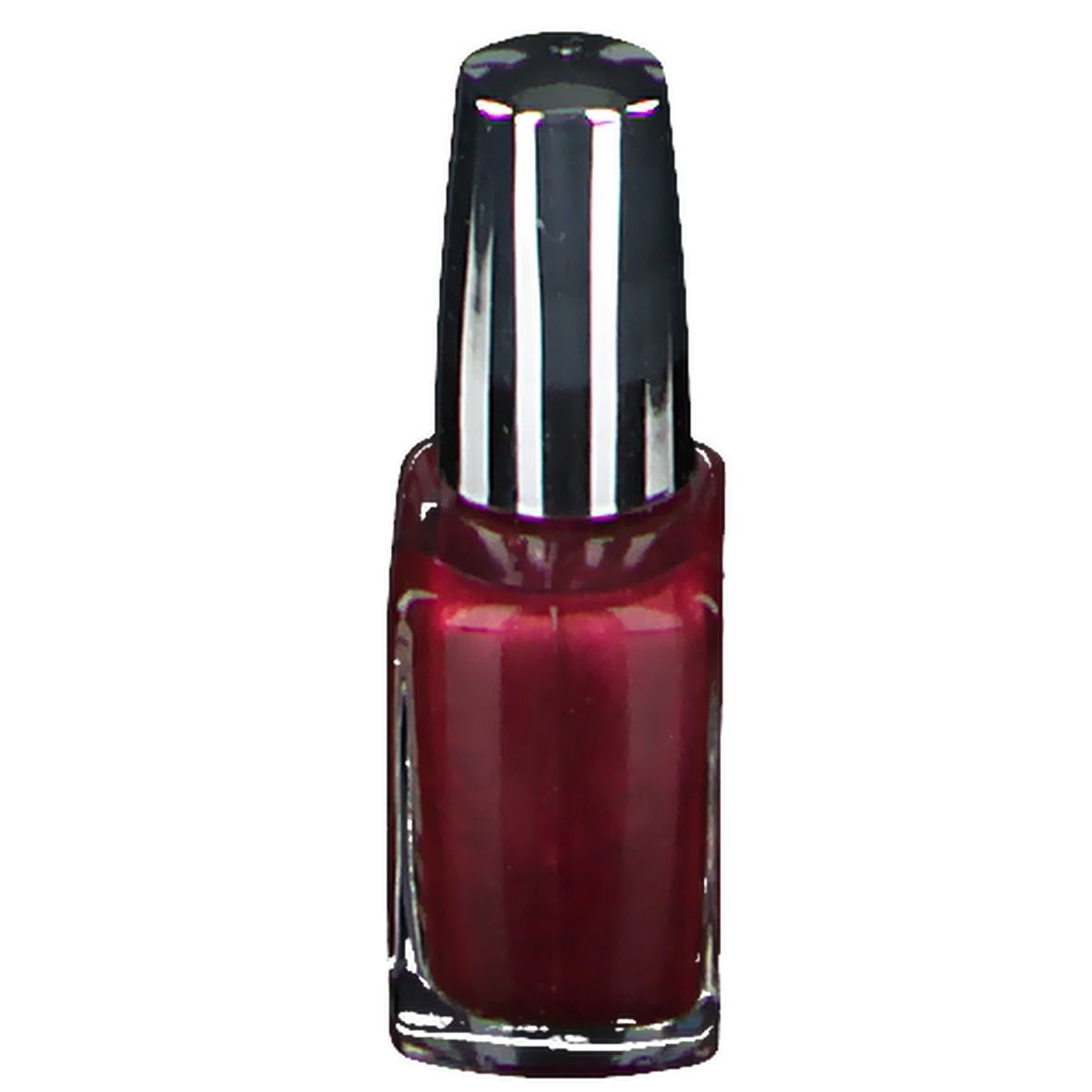 Flacon de vernis à ongles rouge rubis. Bouchon noir et argenté. Forme carrée.
