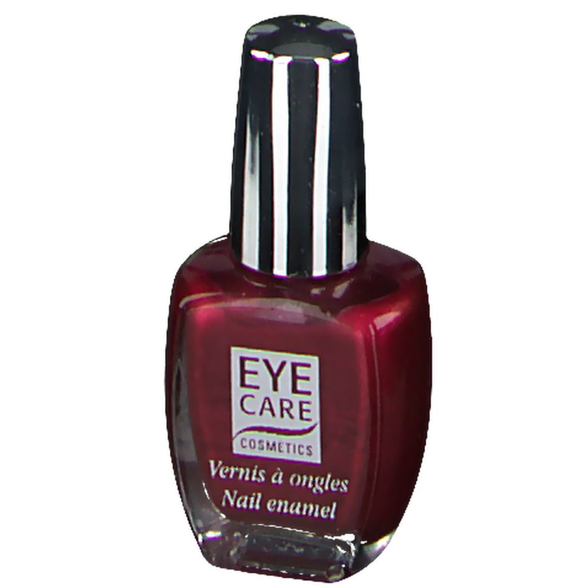 Flacon de vernis à ongles rouge rubis. Bouchon noir et argenté. Inscription: EYE CARE COSMETICS, Vernis à ongles, Nail enamel.