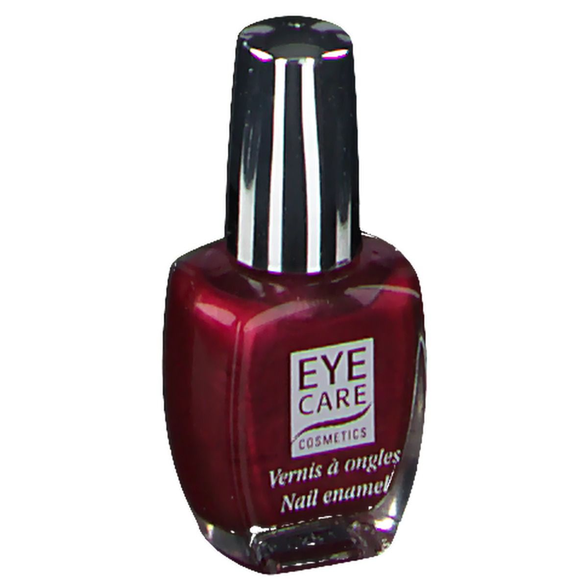 Flacon de vernis à ongles rouge rubis. Bouchon noir et argenté. Inscription: EYE CARE COSMETICS, Vernis à ongles, Nail enamel.