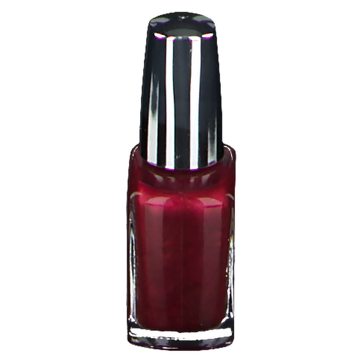 Flacon de vernis à ongles rouge rubis. Bouchon noir et argenté. Forme carrée.