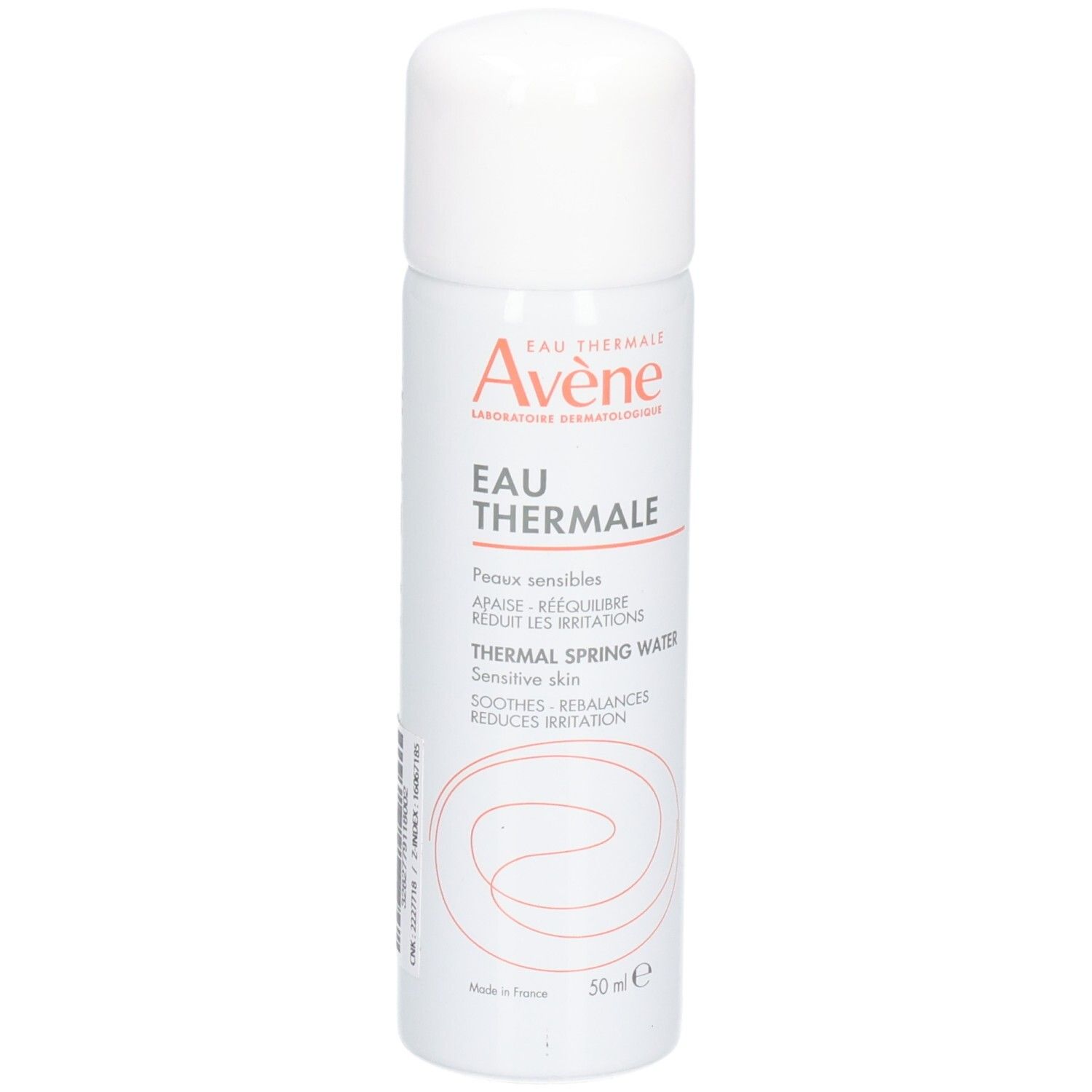 Weißes Spray mit roter Schrift. Aufschrift: Eau Thermale, Avène. Für empfindliche Haut. Beruhigt, gleicht aus, reduziert Irritationen.
