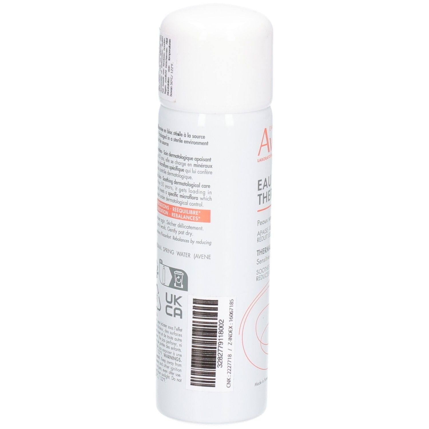 Weißes Spray, Rückseite mit Text und Barcode. Aufschrift: Eau Thermale, Avène. Für empfindliche Haut. Beruhigt, gleicht aus, reduziert Irritationen.