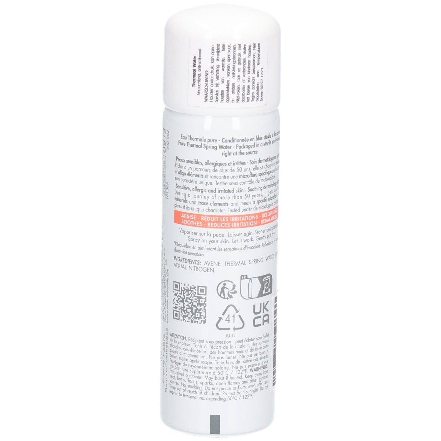 Weißes Spray, Rückseite mit Text. Aufschrift: Eau Thermale, Avène. Für empfindliche Haut. Beruhigt, gleicht aus, reduziert Irritationen.