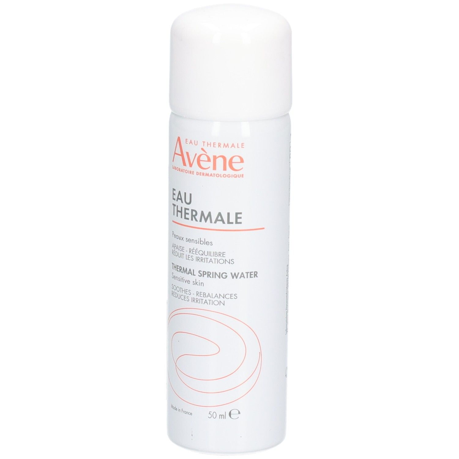 Weißes Spray mit roter Schrift. Aufschrift: Eau Thermale, Avène. Für empfindliche Haut. Beruhigt, gleicht aus, reduziert Irritationen. 50 ml.
