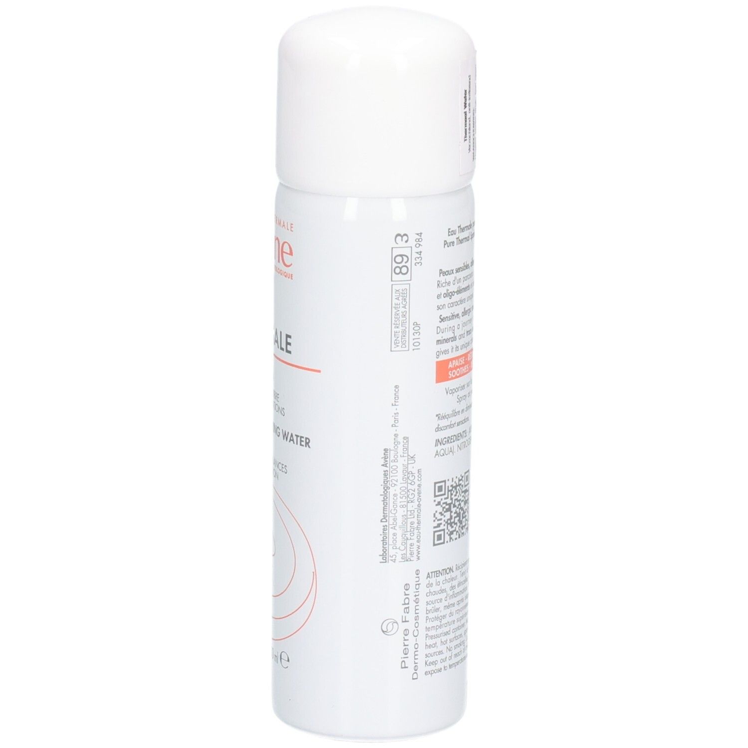 Weißes Spray, Rückseite mit Text. Aufschrift: Eau Thermale, Avène. Für empfindliche Haut. Beruhigt, gleicht aus, reduziert Irritationen.