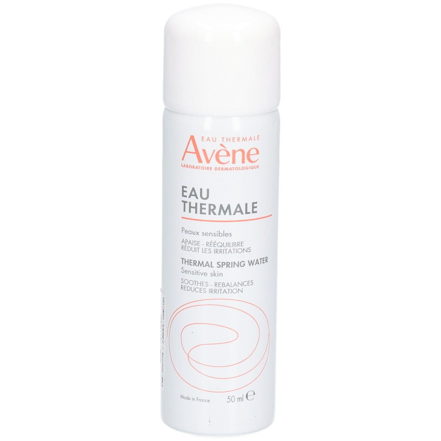 Weißes Spray mit roter Schrift. Aufschrift: Eau Thermale, Avène. Für empfindliche Haut. Beruhigt, gleicht aus, reduziert Irritationen. 50 ml.
