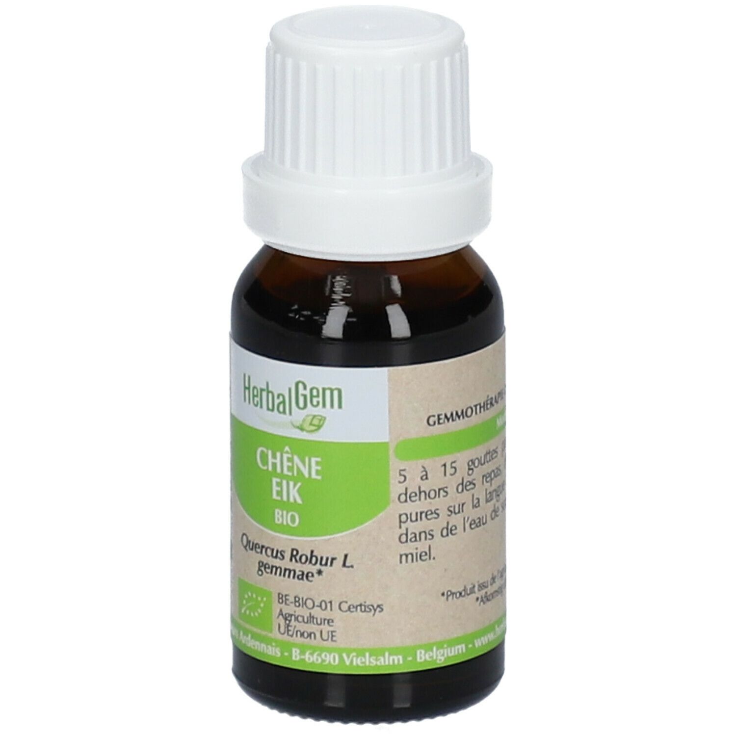 Flacon en verre brun avec bouchon blanc. Étiquette avec texte: Chêne Eik Bio, HerbalGem. Certification bio.