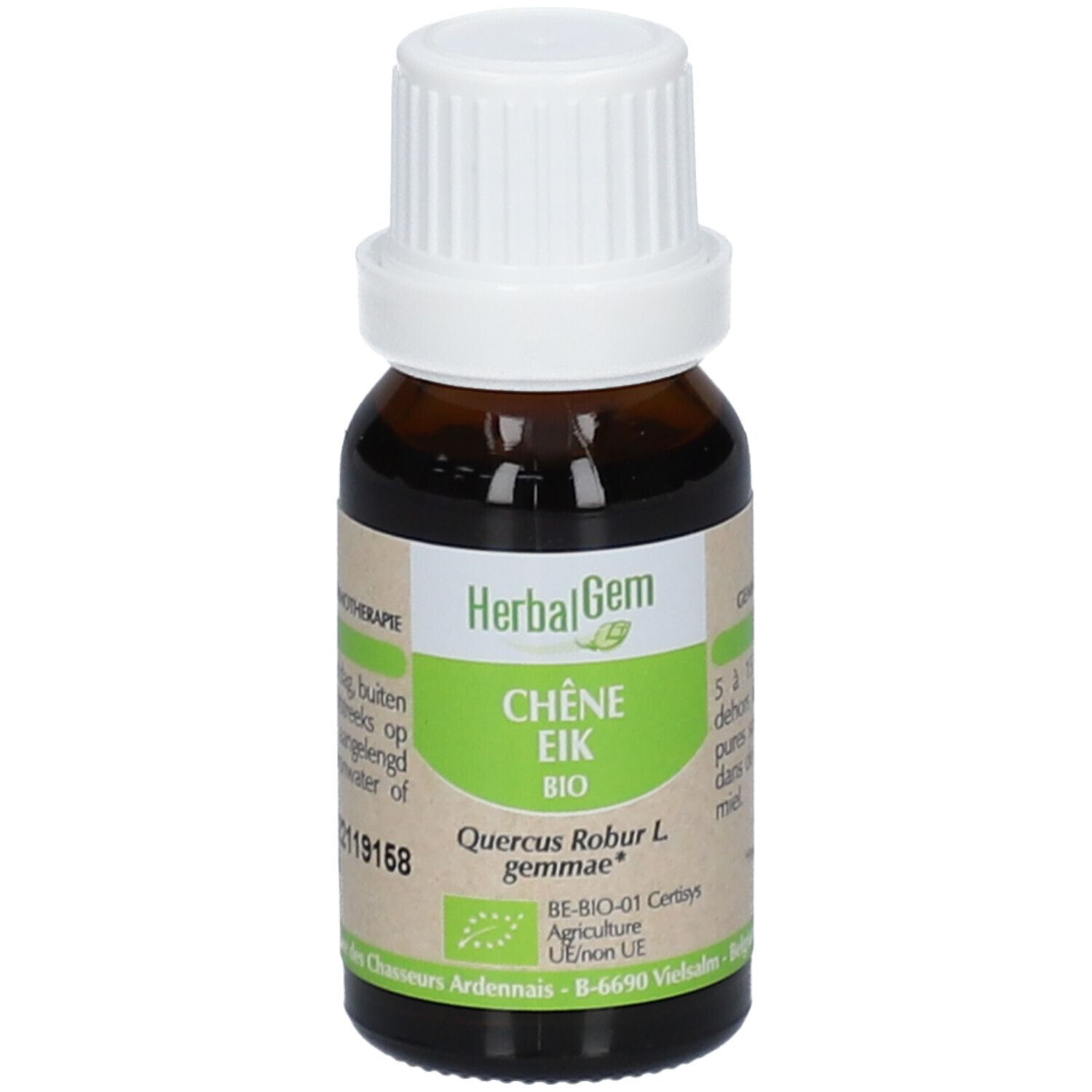 Flacon en verre brun avec bouchon blanc. Étiquette avec texte: Chêne Eik Bio, HerbalGem. Certification bio.