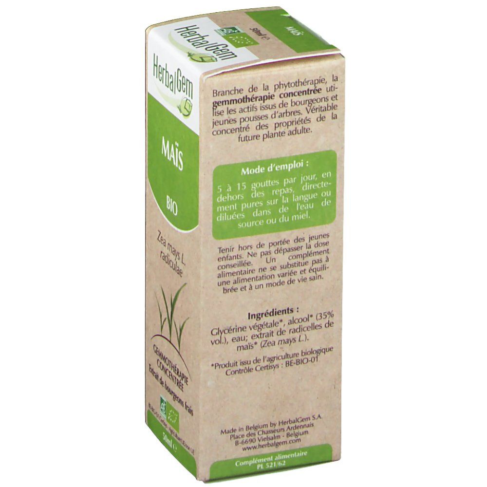 Boîte en carton avec informations produit. Inscription: HerbalGem Mais Bio. Label bio. Nom botanique: Zea mays L. radiculae.