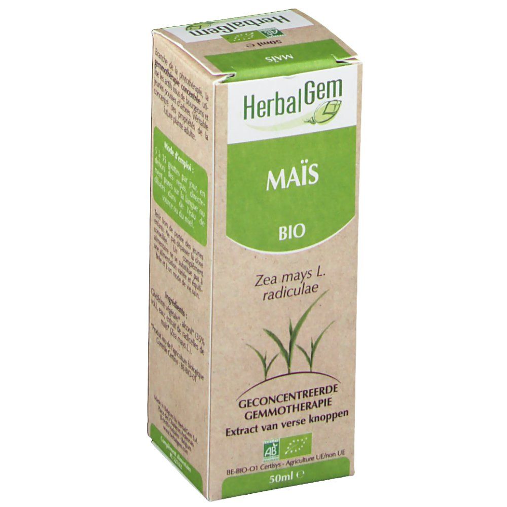 Boîte en carton avec informations produit. Inscription: HerbalGem Mais Bio. Label bio. Nom botanique: Zea mays L. radiculae. 50ml.