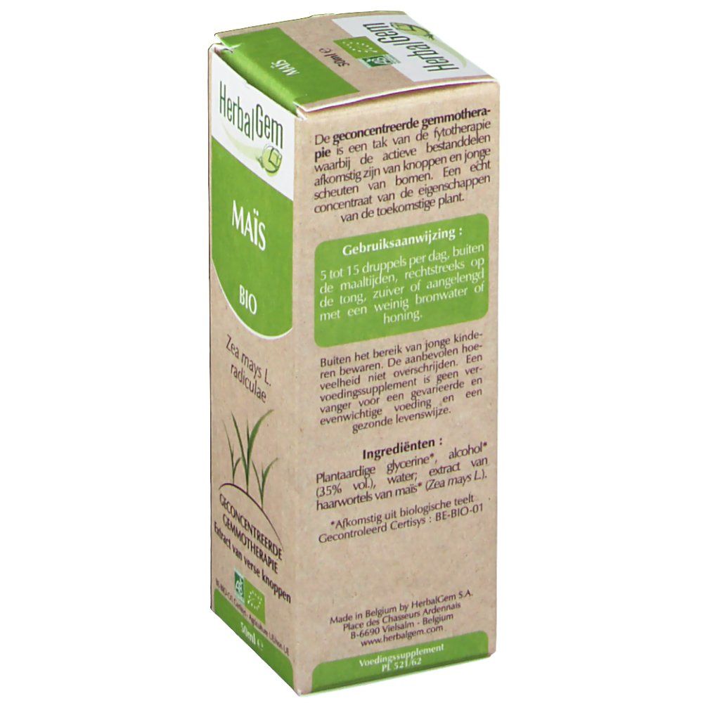 Boîte en carton avec informations produit. Inscription: HerbalGem Mais Bio. Label bio. Nom botanique: Zea mays L. radiculae. 50ml.
