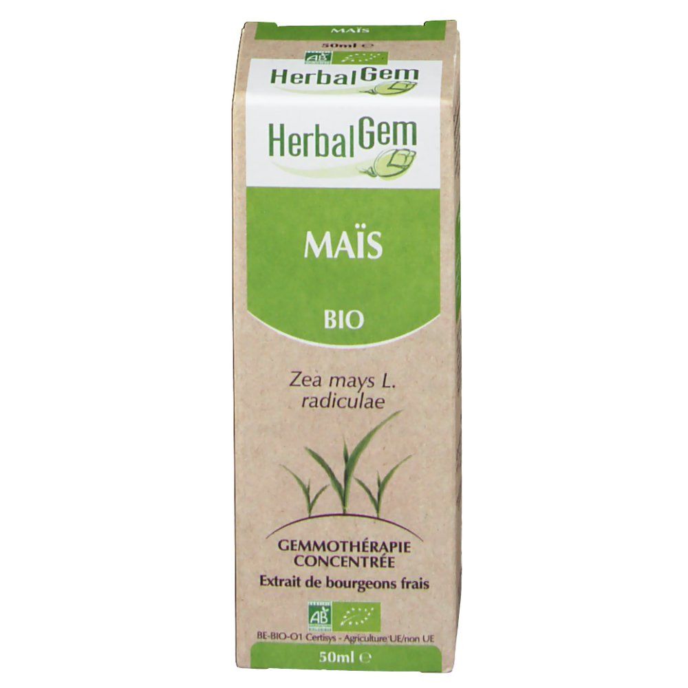 Boîte en carton avec informations produit. Inscription: HerbalGem Mais Bio. Label bio. Nom botanique: Zea mays L. radiculae. 50ml.