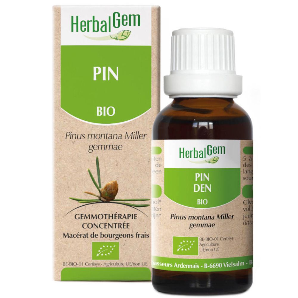Braune Glasflasche und Karton. Aufschrift: HerbalGem, PIN BIO. Enthält Pinus montana Miller gemmae. Bio-Zertifizierung.