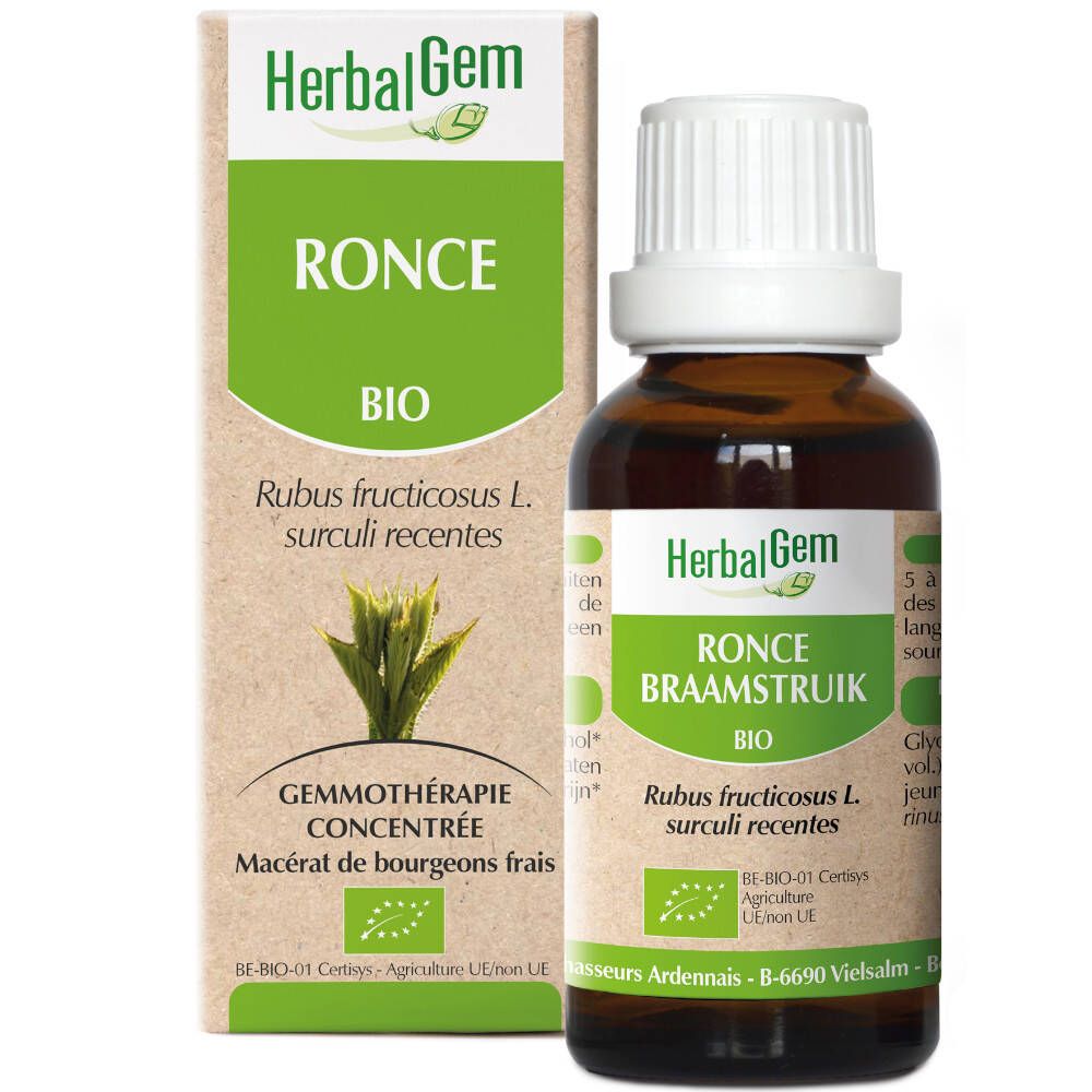Braunglasflasche mit weißem Deckel und Karton. Aufschrift: HerbalGem, Ronce Bio. Zertifizierung: AB-BIO-01 Certisys.